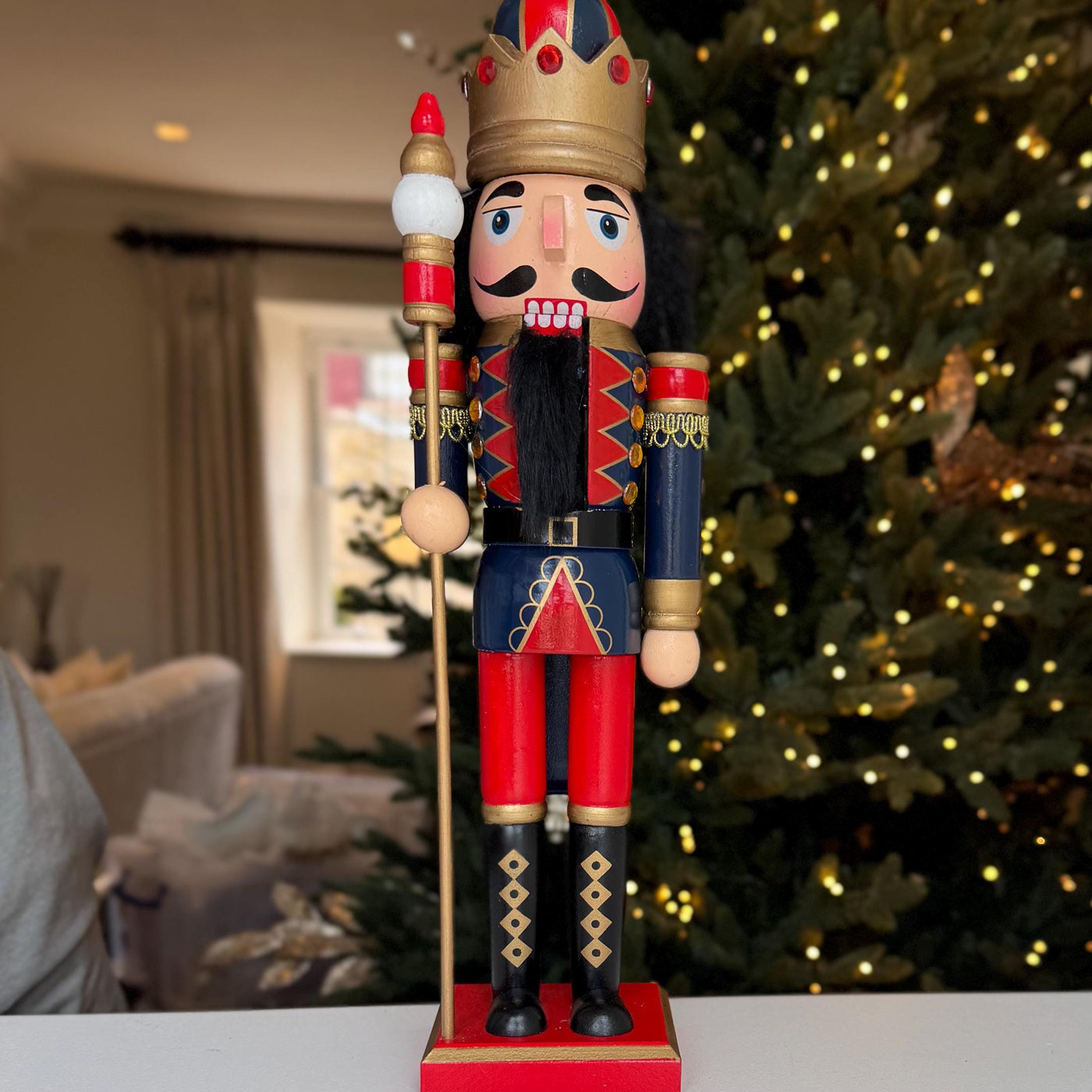 Large Hand-Painted Blue & Red Wooden Nutcracker 38cm – Traditional Christmas Decoration