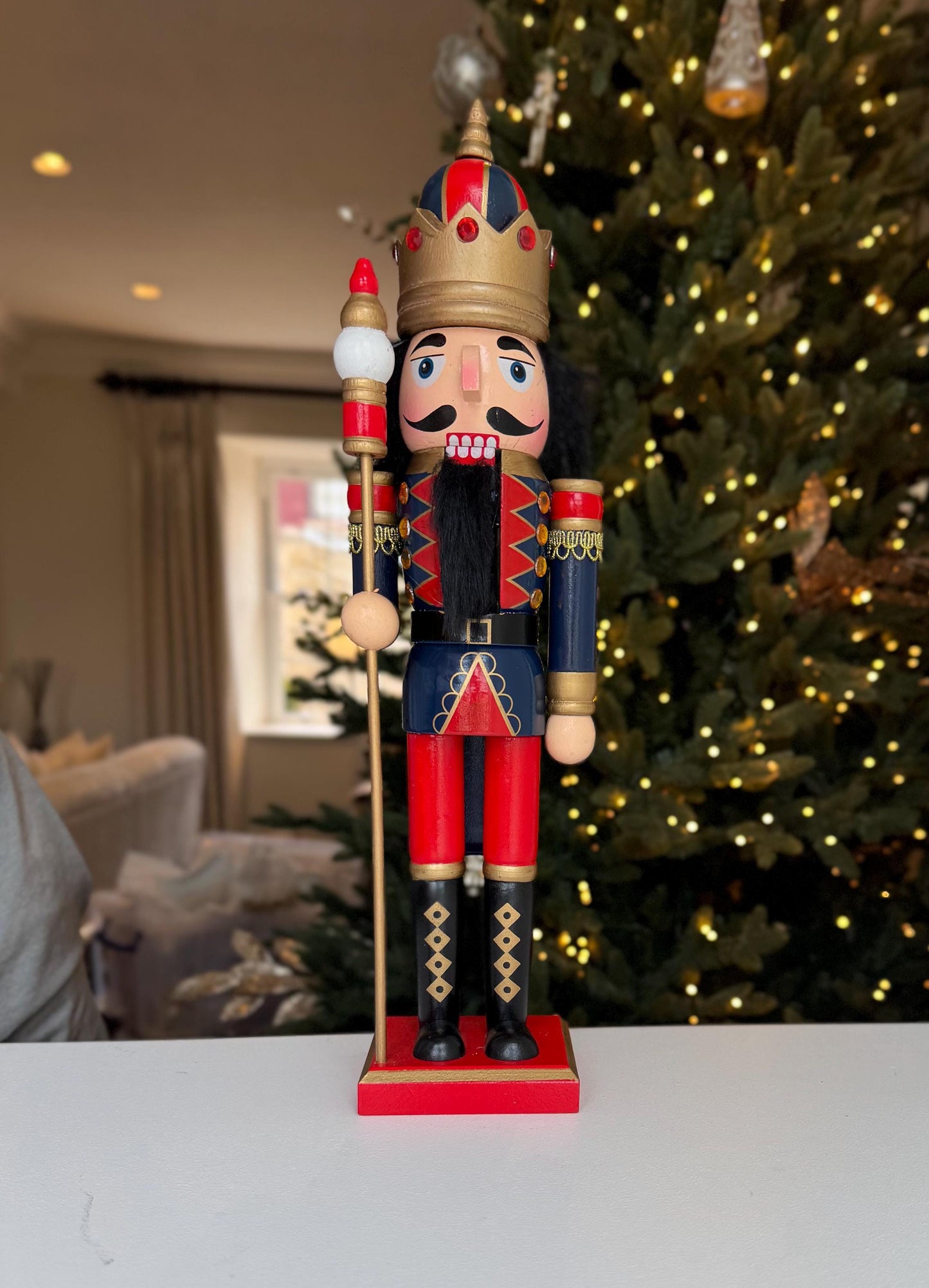 Large Hand Painted Blue & Red Wooden Nutcracker 38cm - Traditional Christmas Decoration