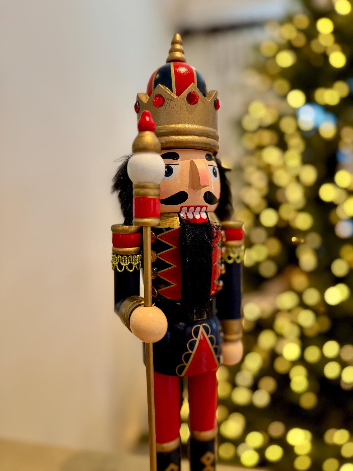 Large Hand Painted Blue & Red Wooden Nutcracker 38cm - Traditional Christmas Decoration