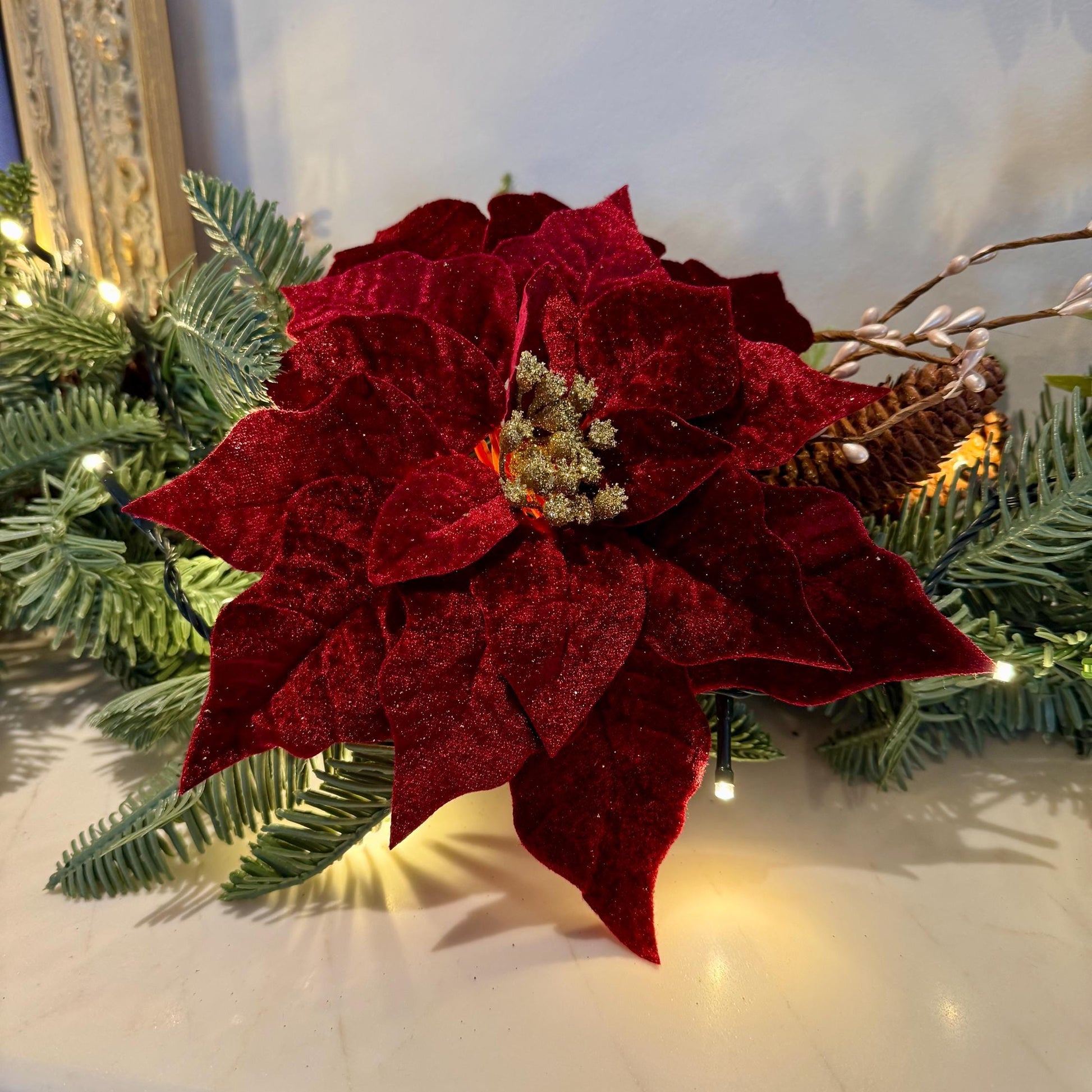 Red Velvet Poinsettia with Gold Glitter Centre – Stem (Pack of 5)