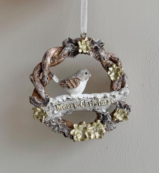 Robin Wreath Christmas Bauble - Glitter Woodland Ornament