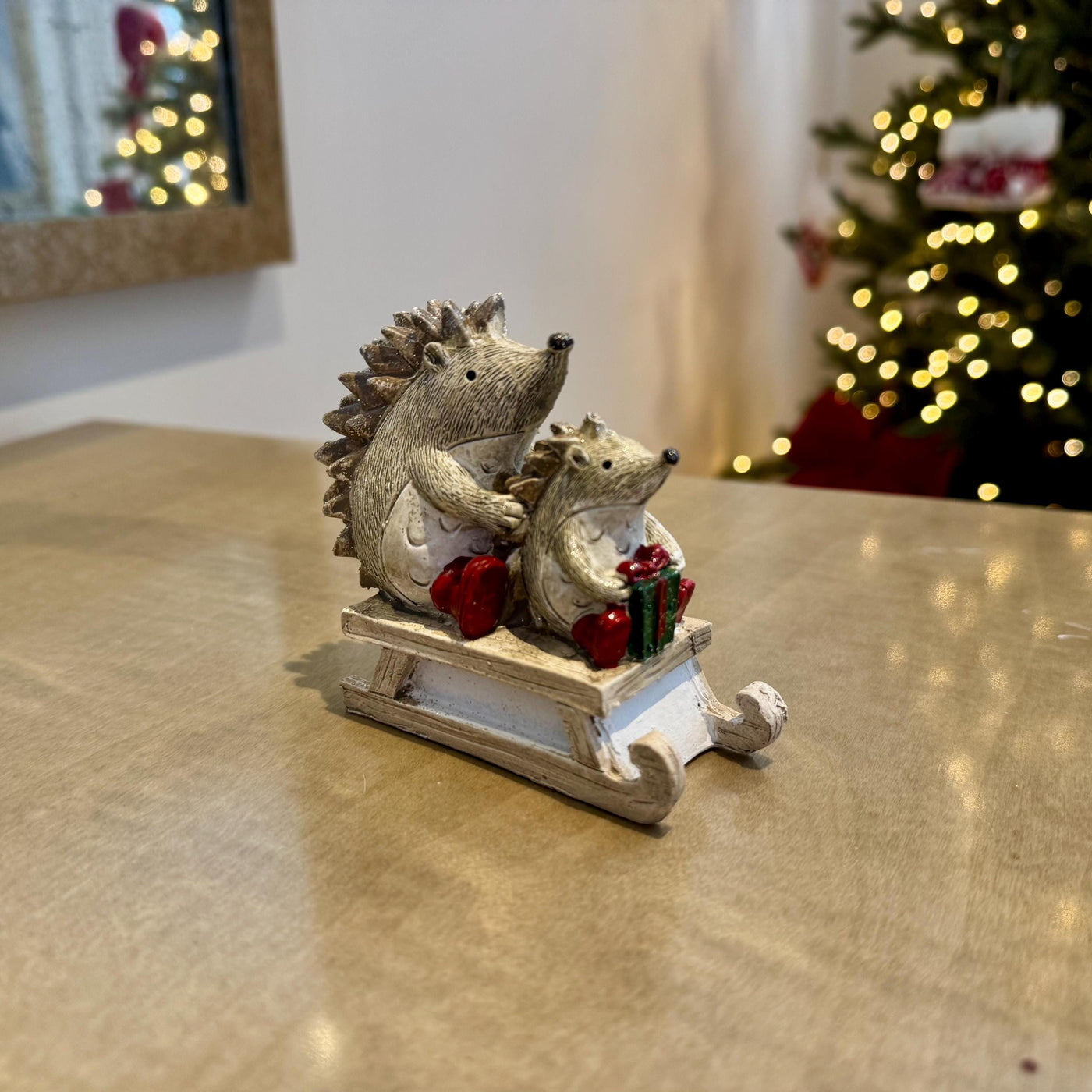 Hedgehogs on Sledge Christmas Ornament – Glitter Resin Winter Decoration
