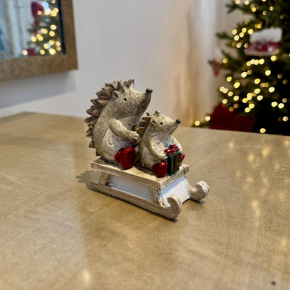 Hedgehogs on Sledge Christmas Ornament – Glitter Resin Winter Decoration
