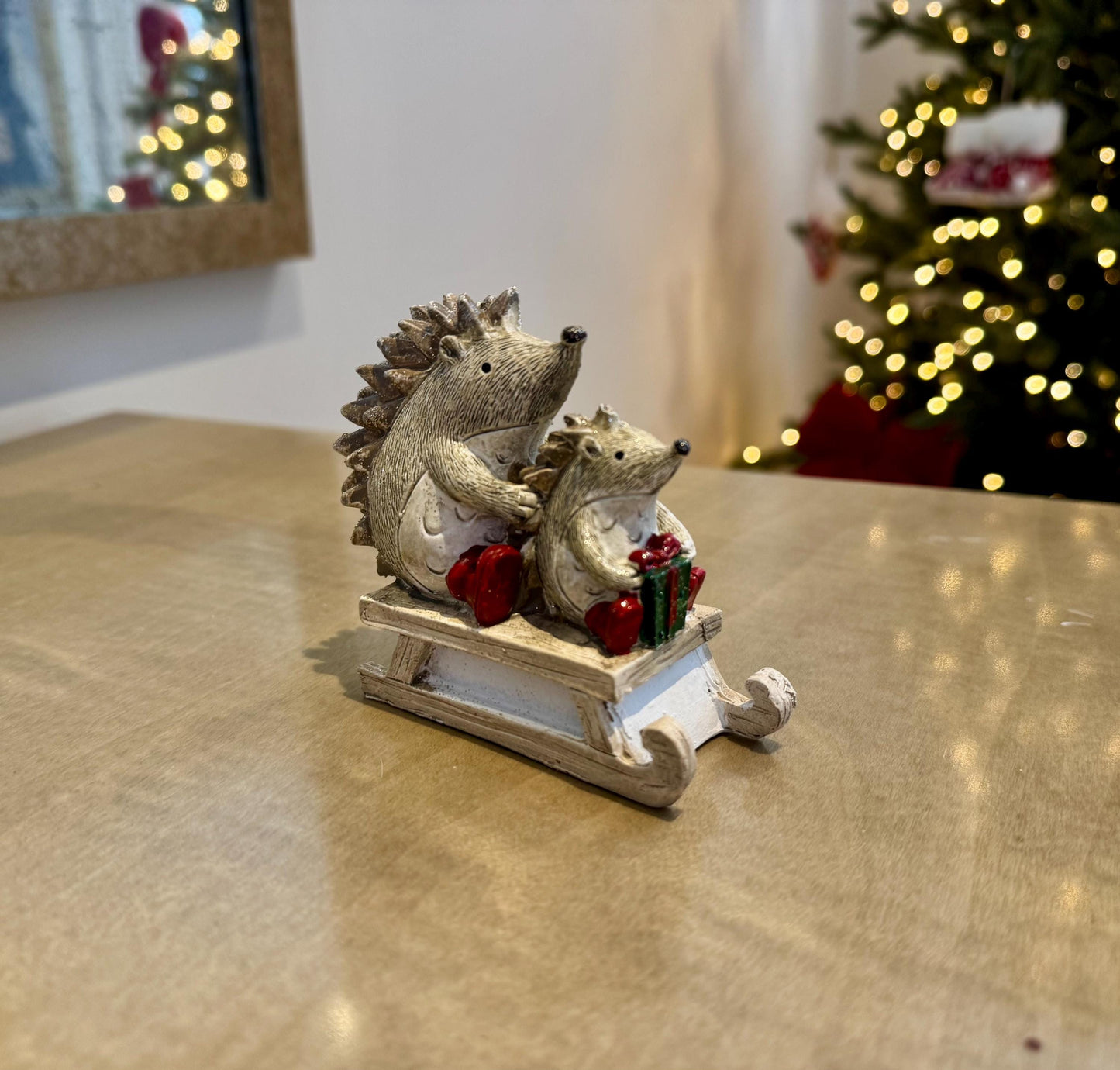 Hedgehogs on Sledge Christmas Ornament – Glitter Resin Winter Decoration