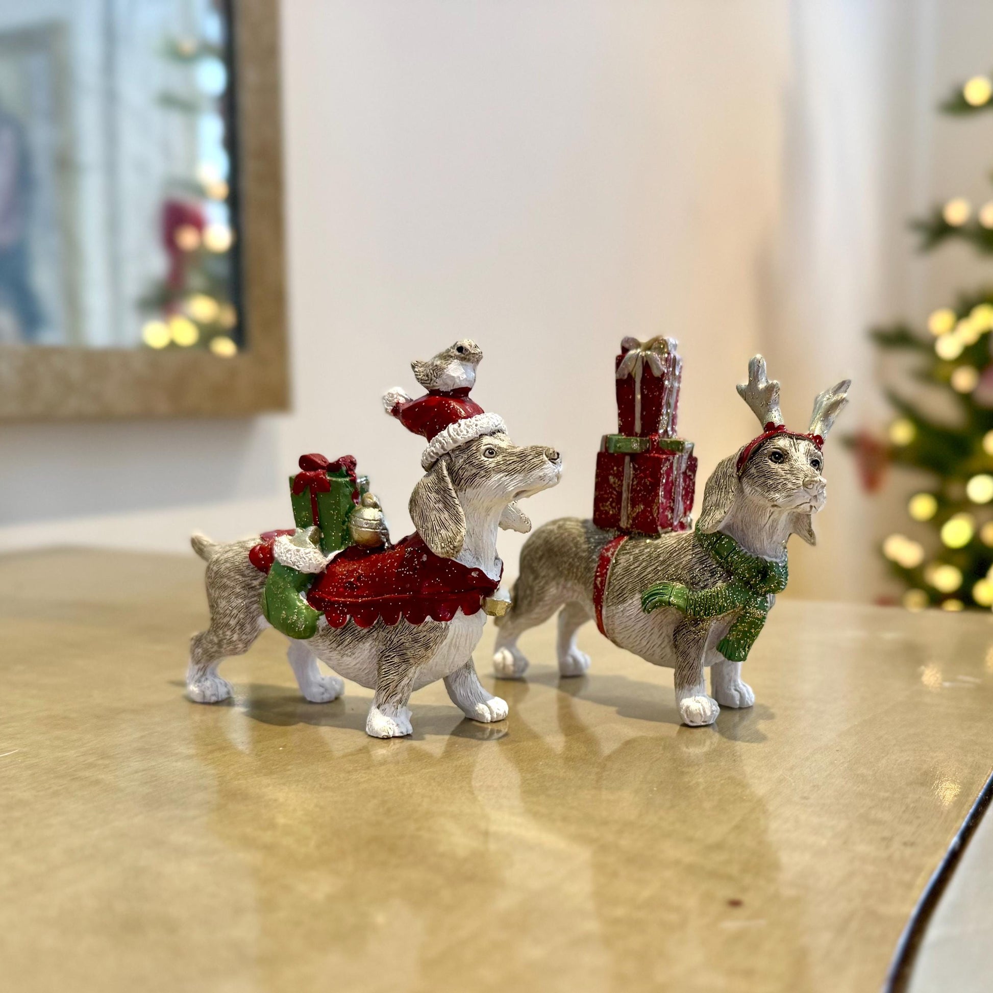 Dachshund Christmas Ornament – Resin Sausage Dog with Gifts – Antlers