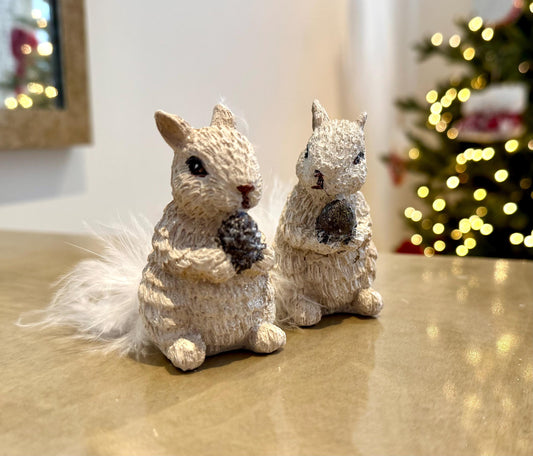 Winter Squirrel Ornaments - Rustic White Christmas Decorations with Pine Cones & Fluffy Tails