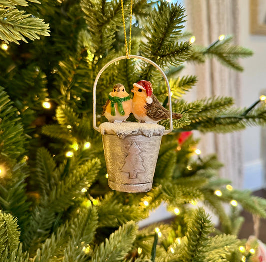 Robins on a bucket Christmas Bauble - Festive Holiday Decoration
