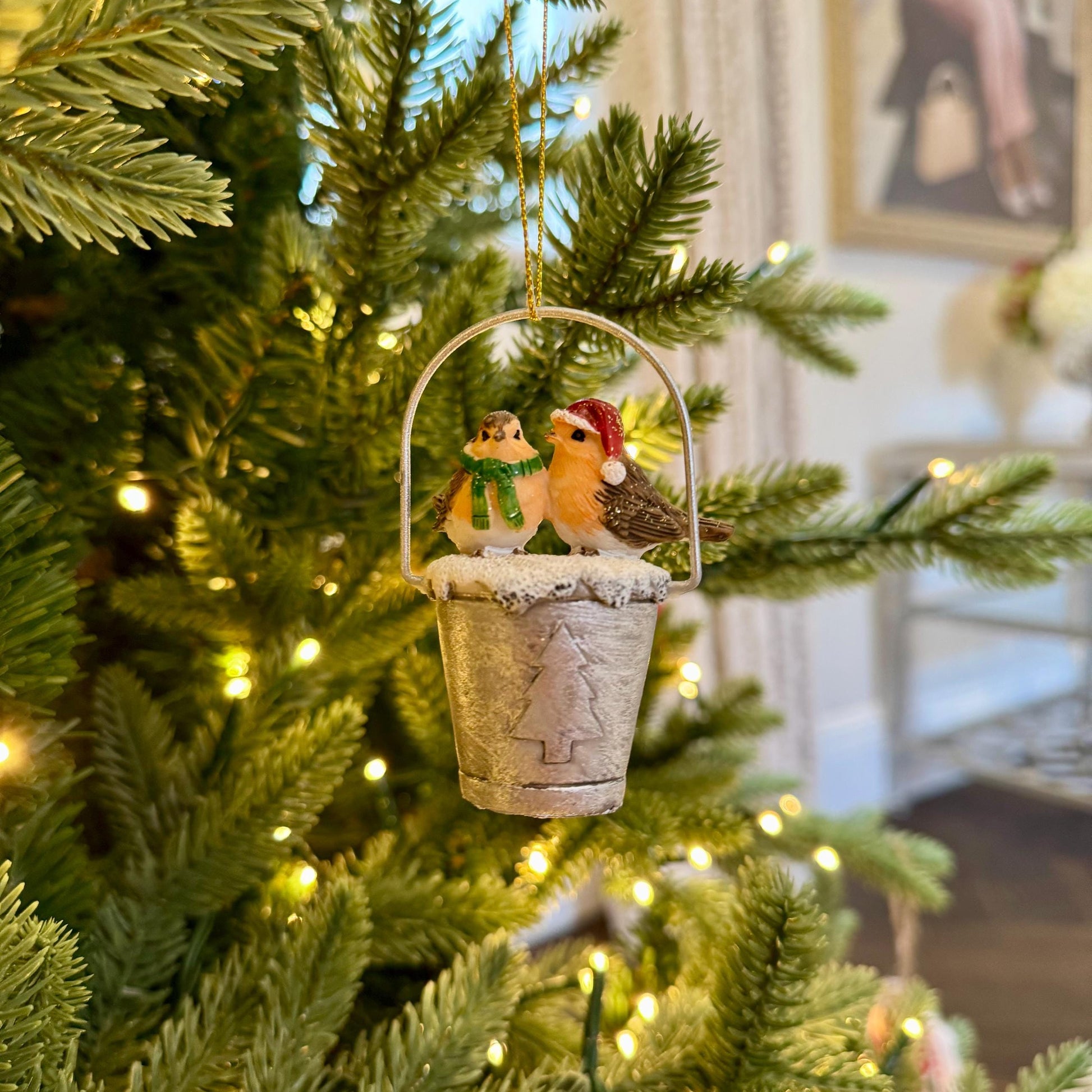 Robins on a bucket Christmas Bauble – Festive Holiday Decoration