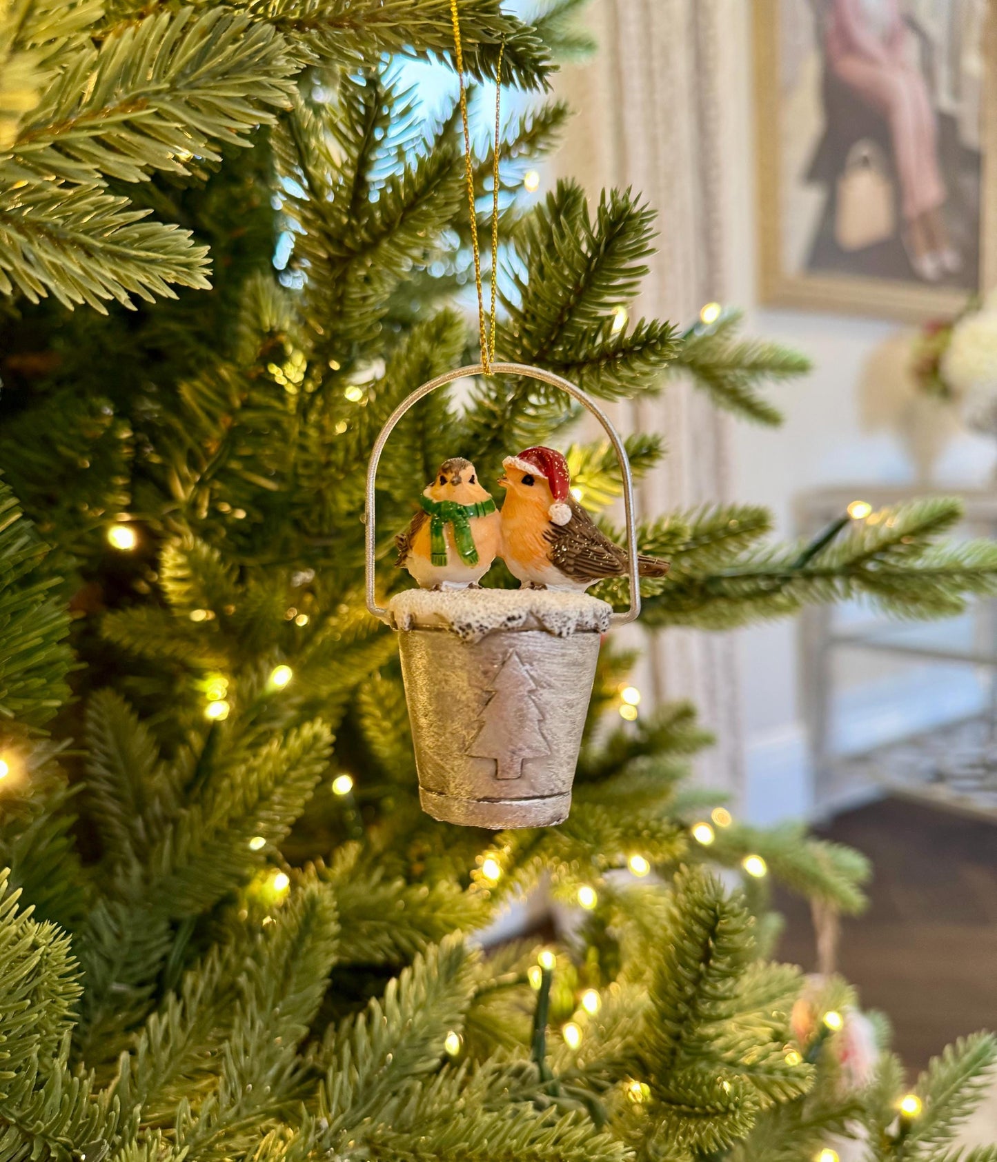 Robins on a bucket Christmas Bauble - Festive Holiday Decoration