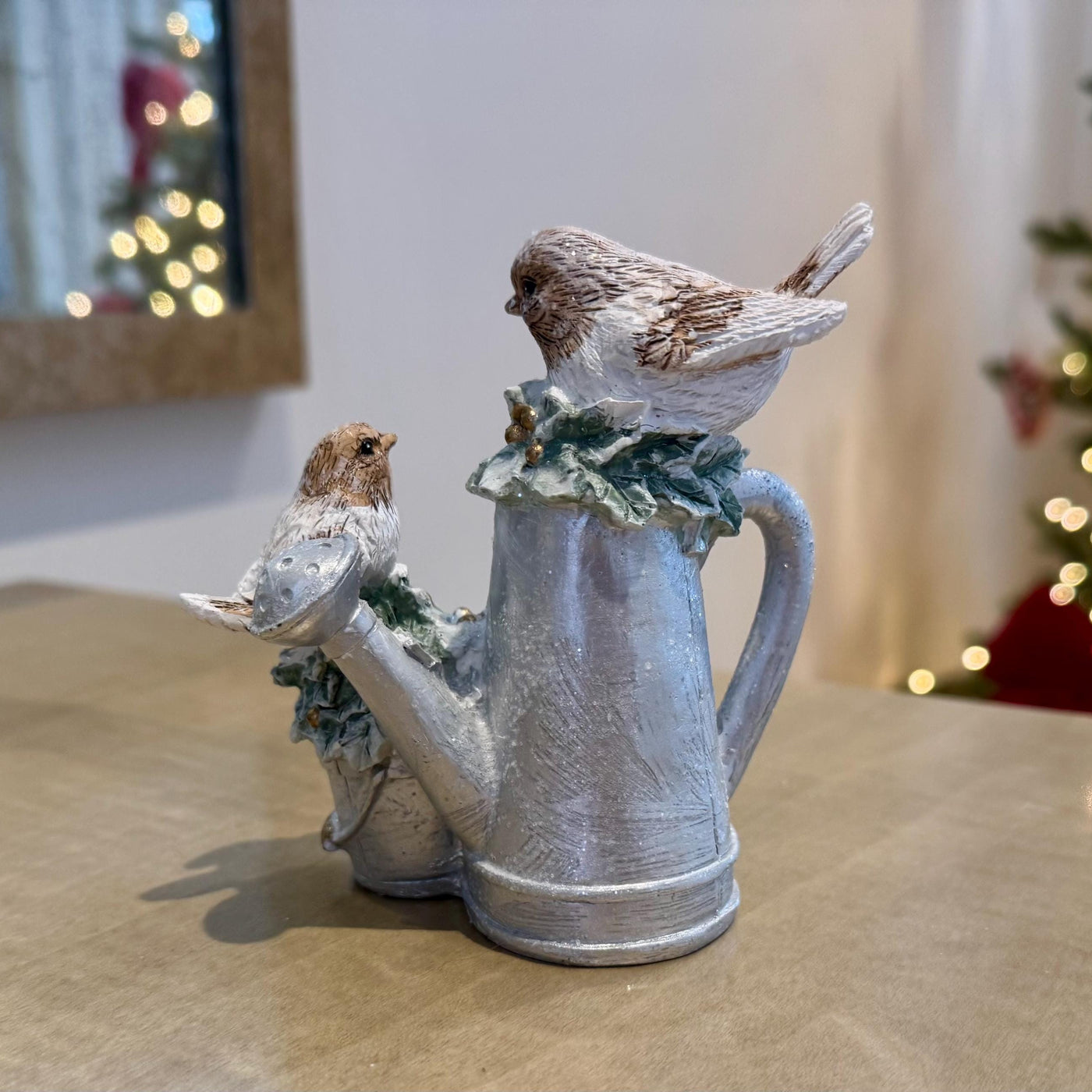 Robin Christmas Ornament – Silver Watering Can Winter Decoration