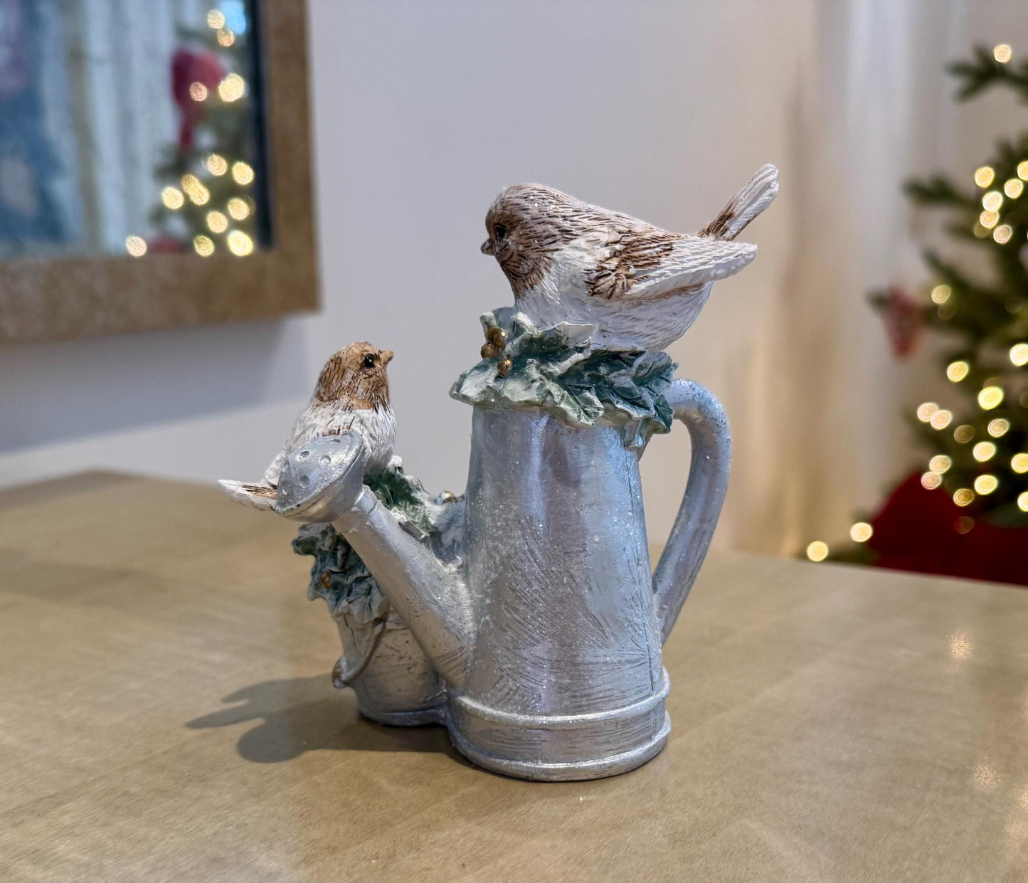 Robin Christmas Ornament - Silver Watering Can Winter Decoration