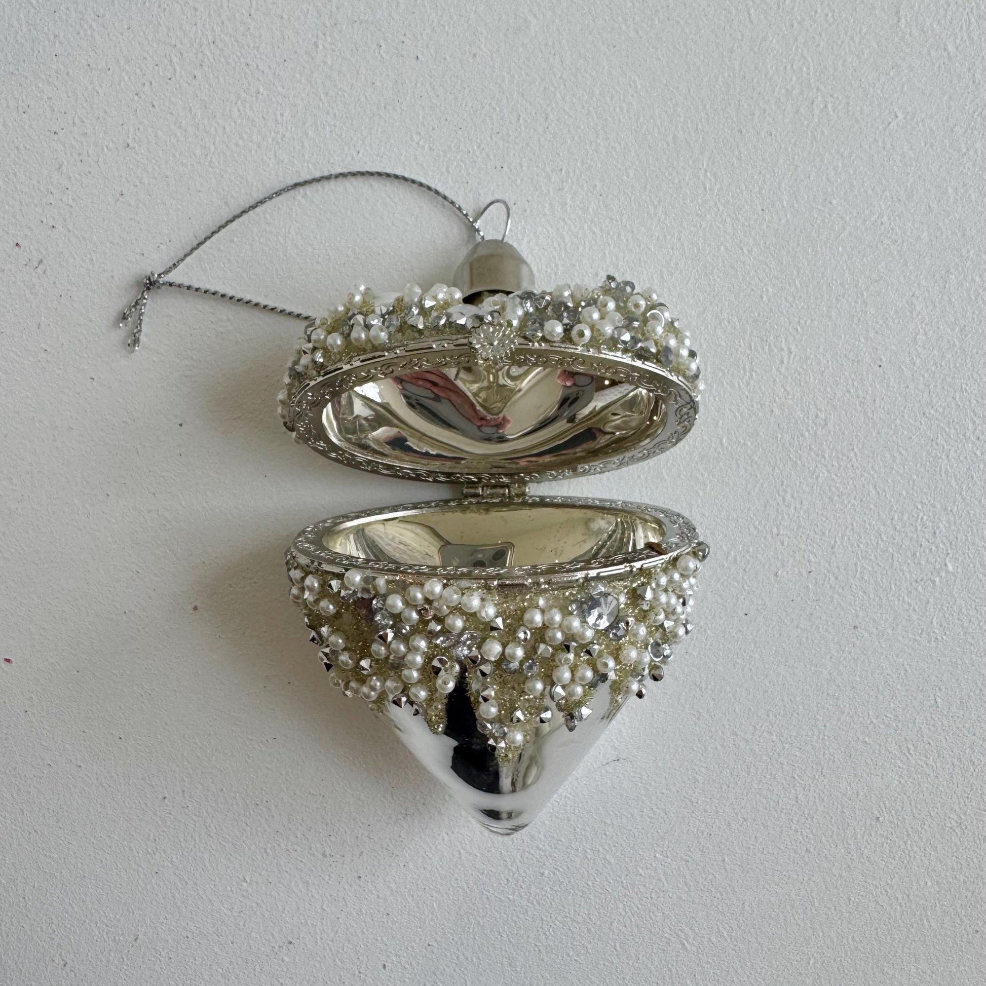 Silver pearl heart Christmas bauble with hinged opening