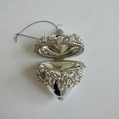 Silver pearl heart Christmas bauble with hinged opening