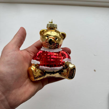 Handmade glass teddy bear bauble in gold red and white