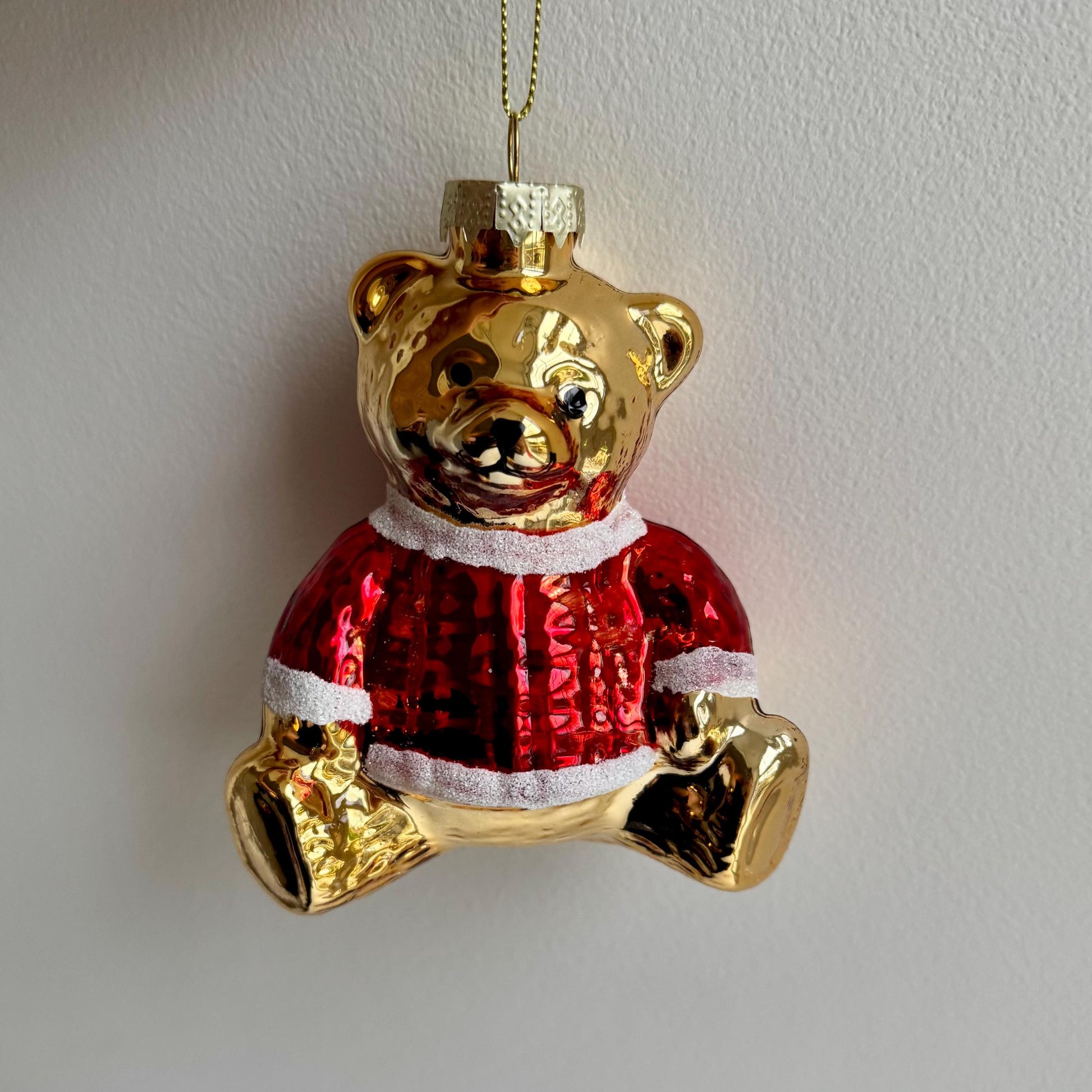 Gold and red glass teddy bear Christmas bauble 10cm – Woollaston White