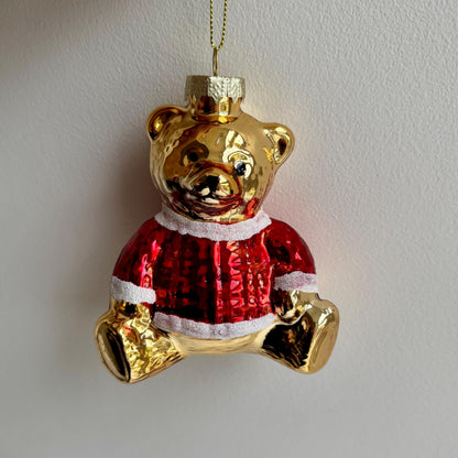 Gold and red glass teddy bear Christmas bauble 10cm – Woollaston White