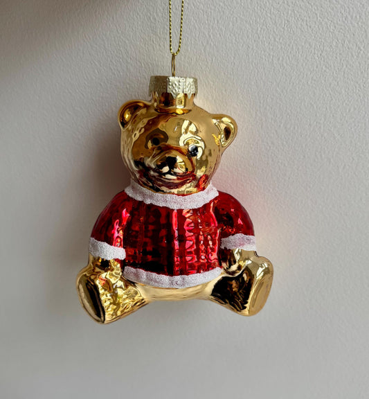 Gold & Red Glass Bear Christmas Bauble - Handmade Festive Teddy Ornament