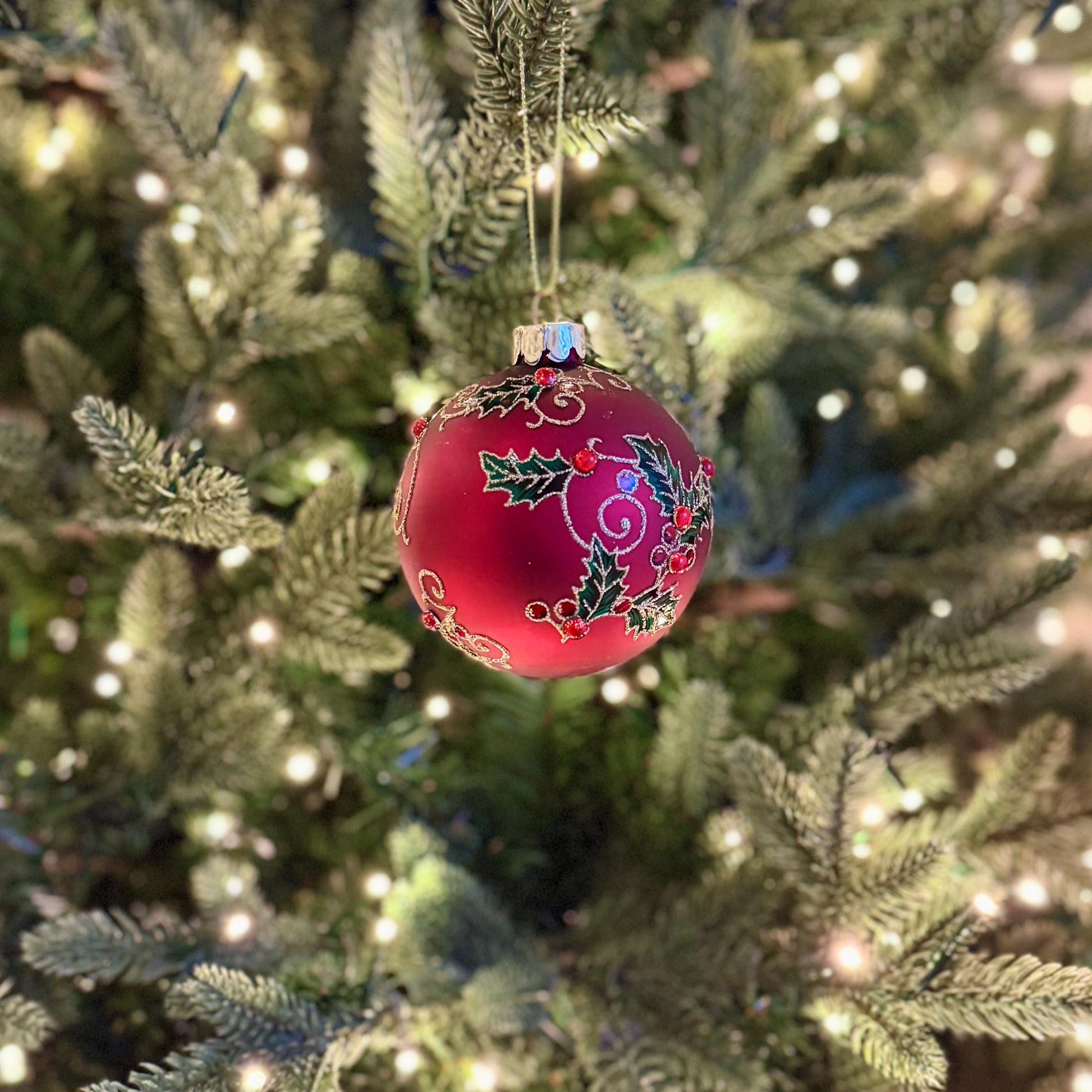 Red Holly & Berry Glass Christmas Bauble
