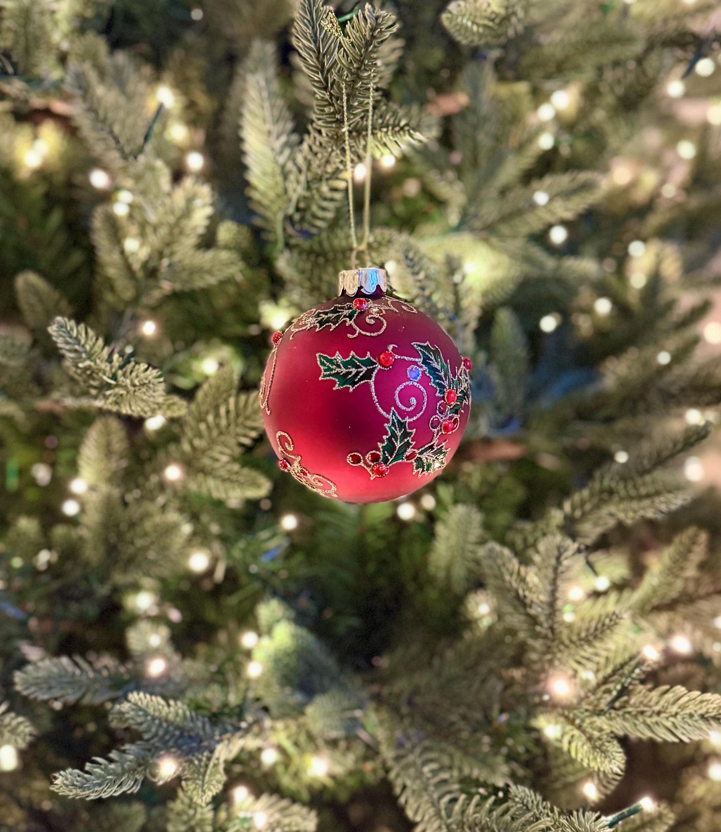 Red Holly & Berry Glass Christmas Bauble