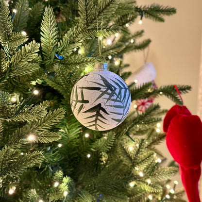 White Crackle Glass Bauble with Hand-Painted Leaf Design