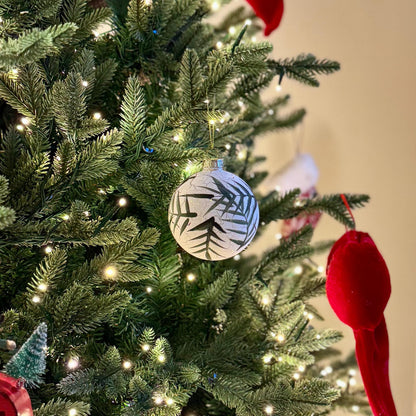 White Crackle Glass Bauble with Hand-Painted Leaf Design