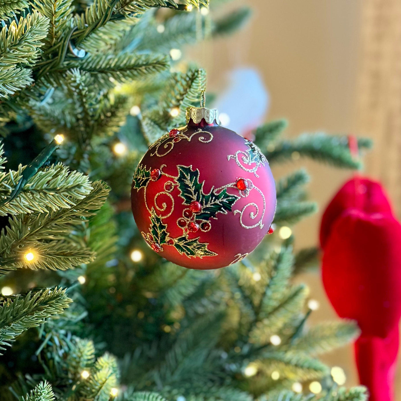 Red Holly & Berry Glass Christmas Bauble