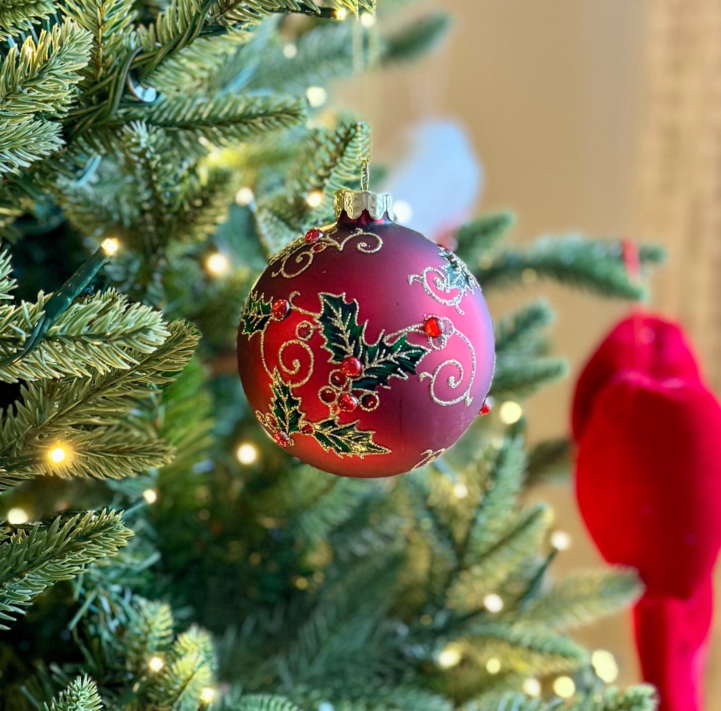 Red Holly & Berry Glass Christmas Bauble