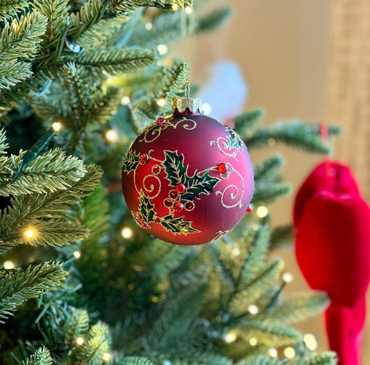 Red Holly & Berry Glass Christmas Bauble
