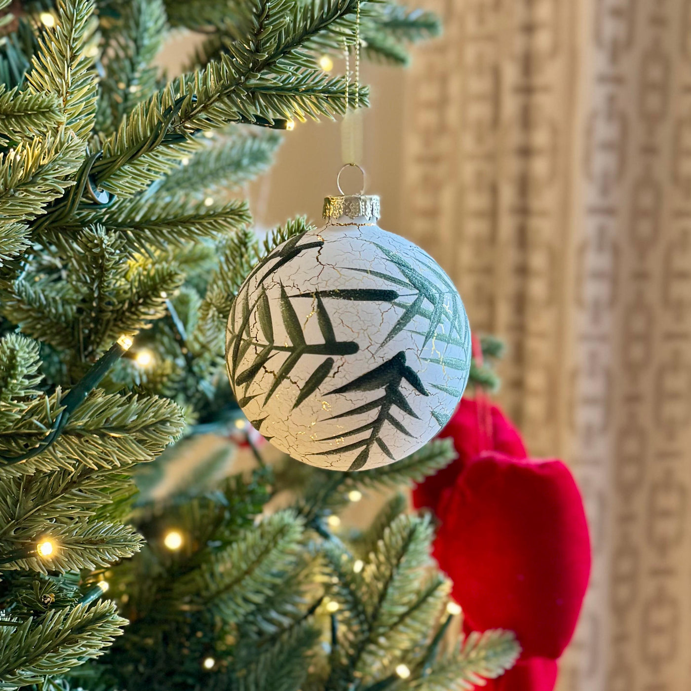 White Crackle Glass Bauble with Hand-Painted Leaf Design