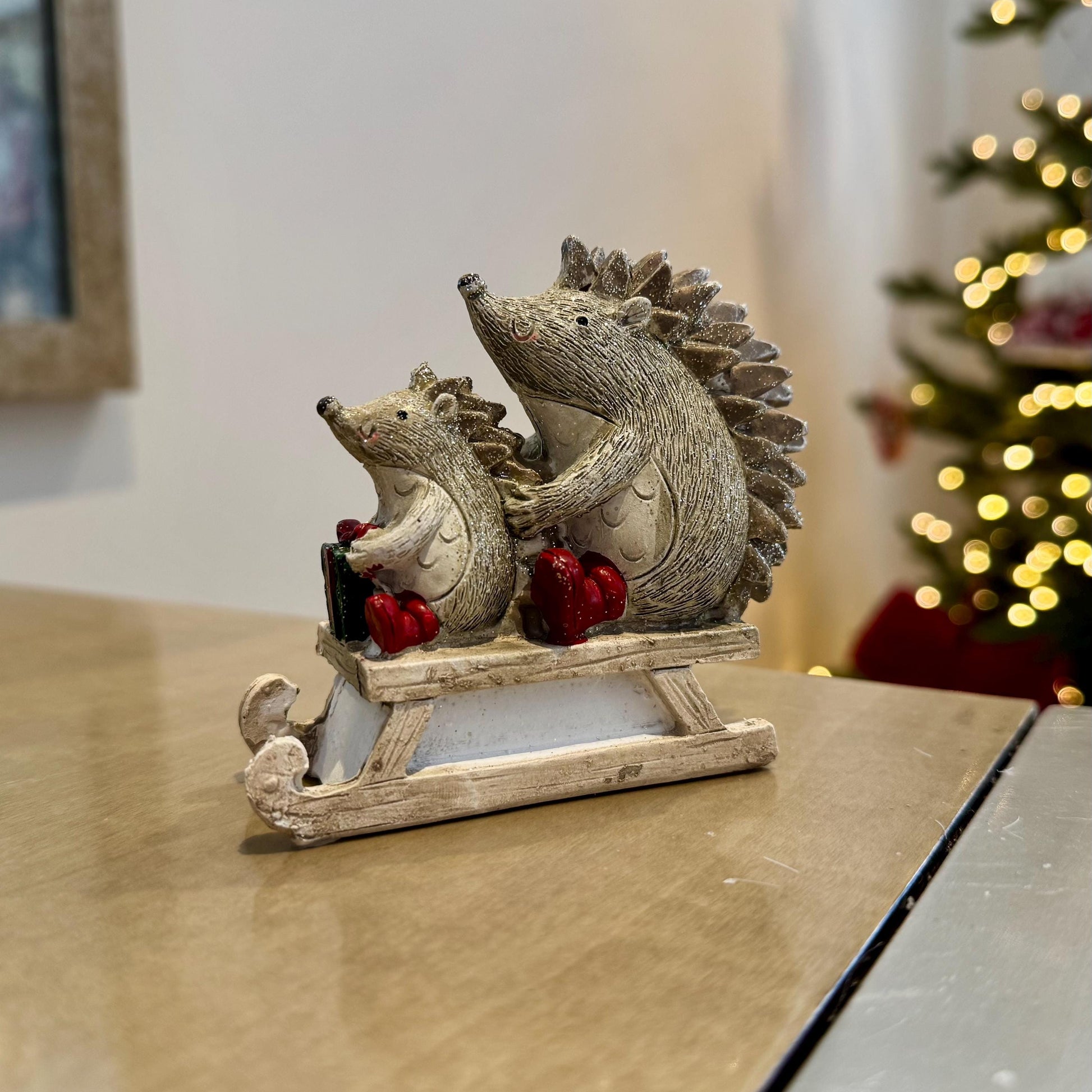 Hedgehogs on Sledge Christmas Ornament – Glitter Resin Winter Decoration