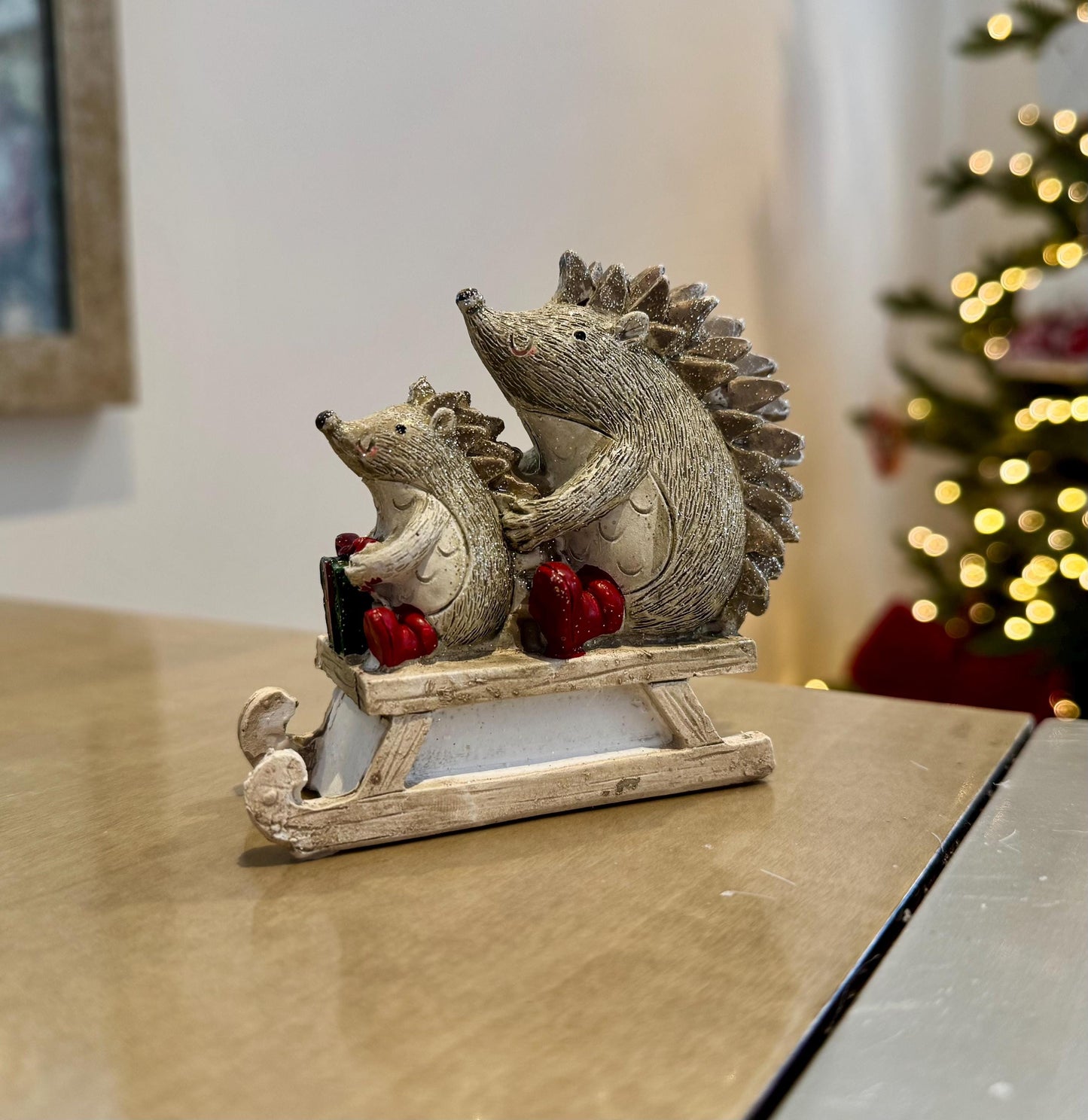 Hedgehogs on Sledge Christmas Ornament – Glitter Resin Winter Decoration