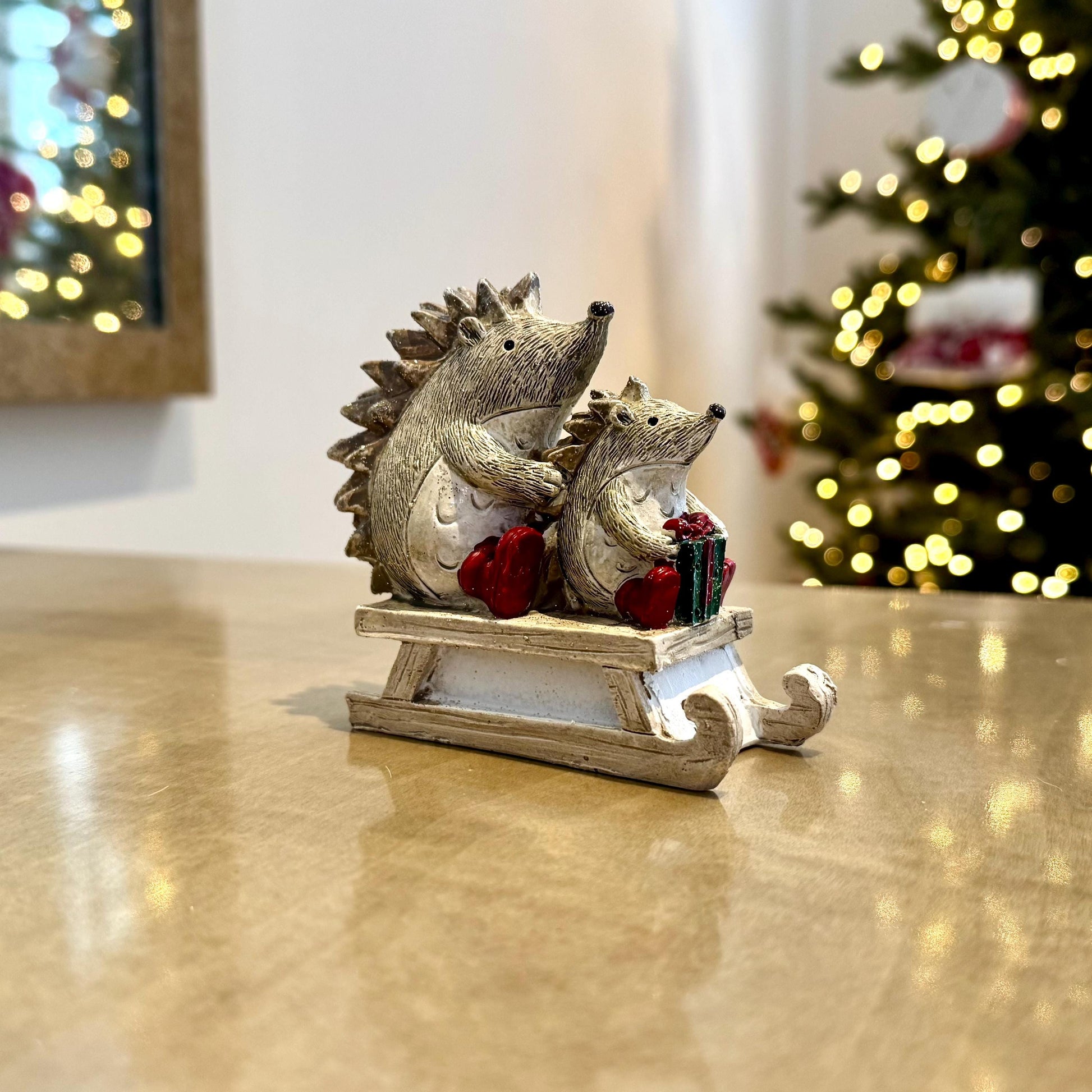 Hedgehogs on Sledge Christmas Ornament – Glitter Resin Winter Decoration