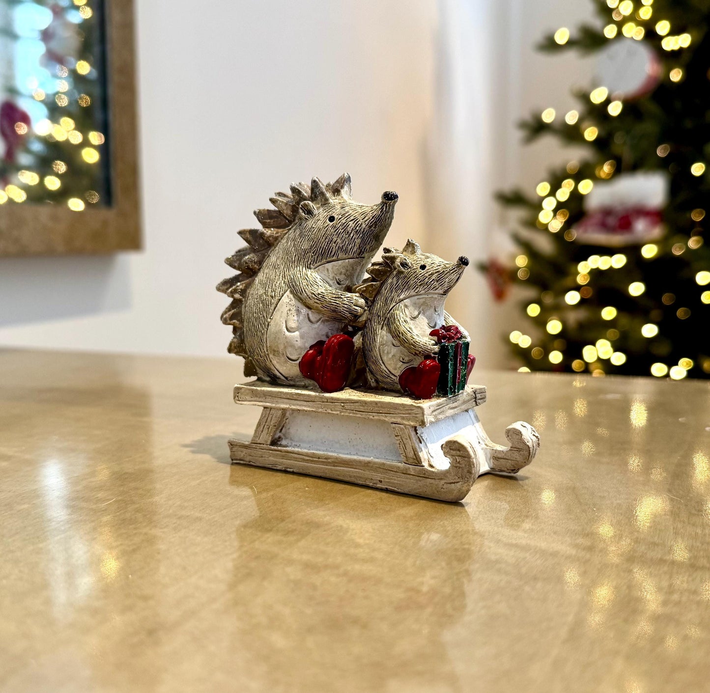Hedgehogs on Sledge Christmas Ornament – Glitter Resin Winter Decoration