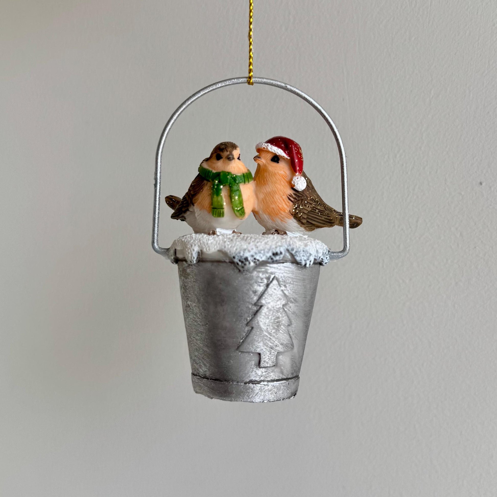 Robins on a bucket Christmas Bauble – Festive Holiday Decoration