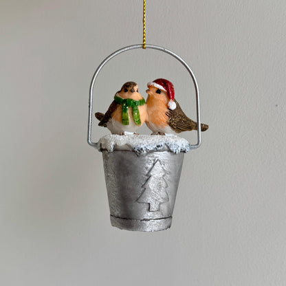 Robins on a bucket Christmas Bauble – Festive Holiday Decoration