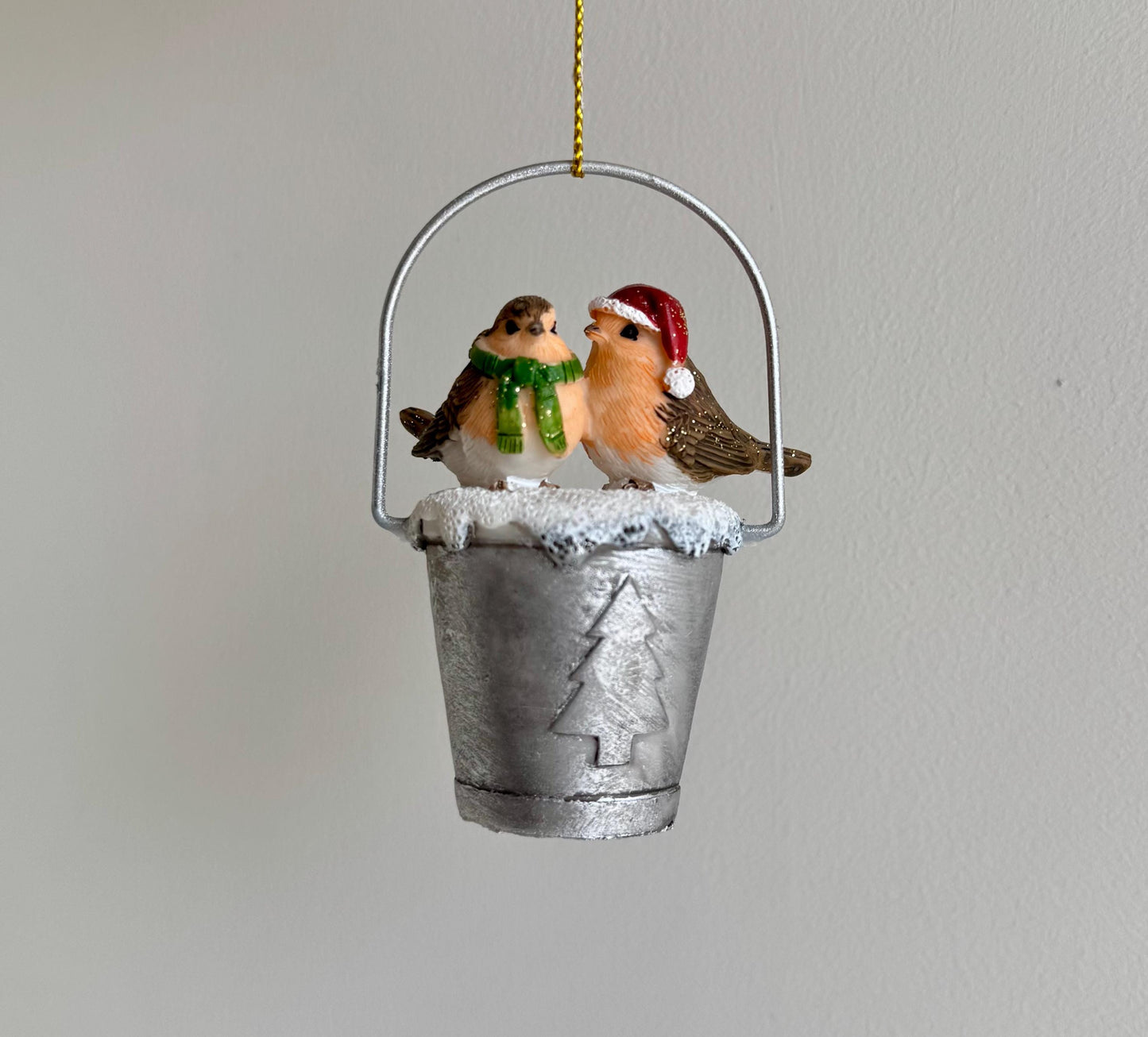 Robins on a bucket Christmas Bauble - Festive Holiday Decoration