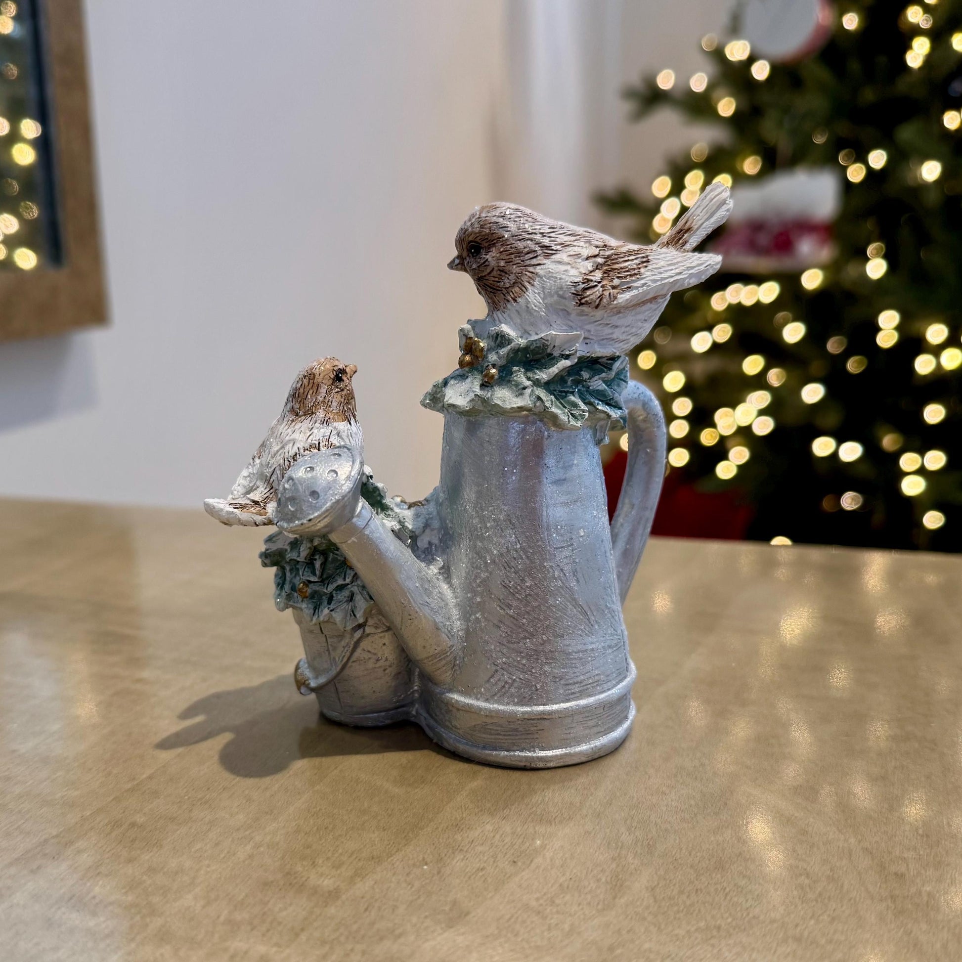 Robin Christmas Ornament – Silver Watering Can Winter Decoration