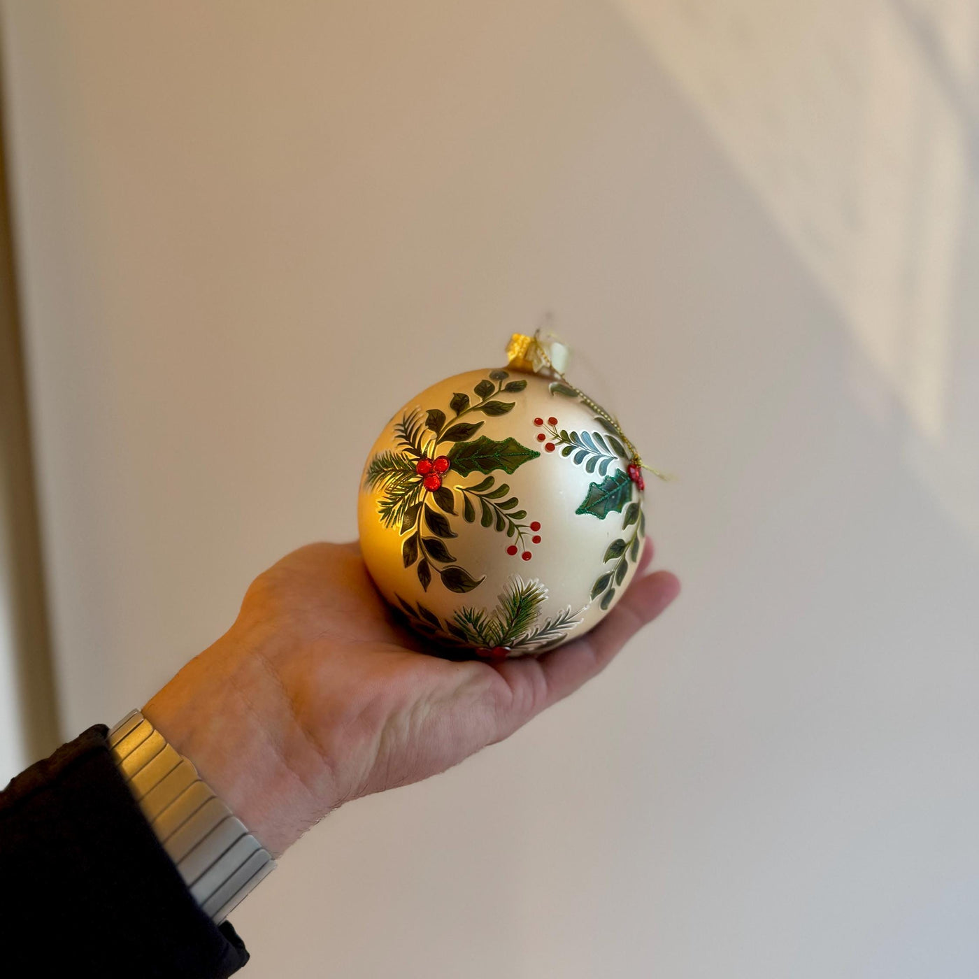 Large Holly & Pine Gold Glass Bauble