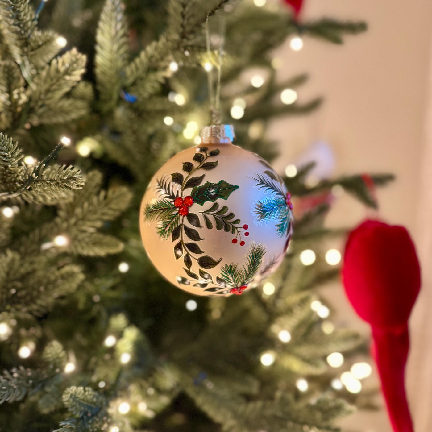 Large Holly & Pine Gold Glass Bauble