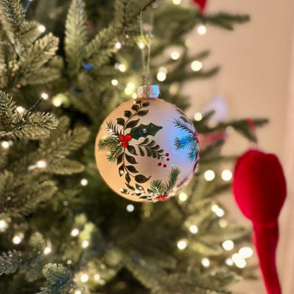 Large Holly & Pine Gold Glass Bauble