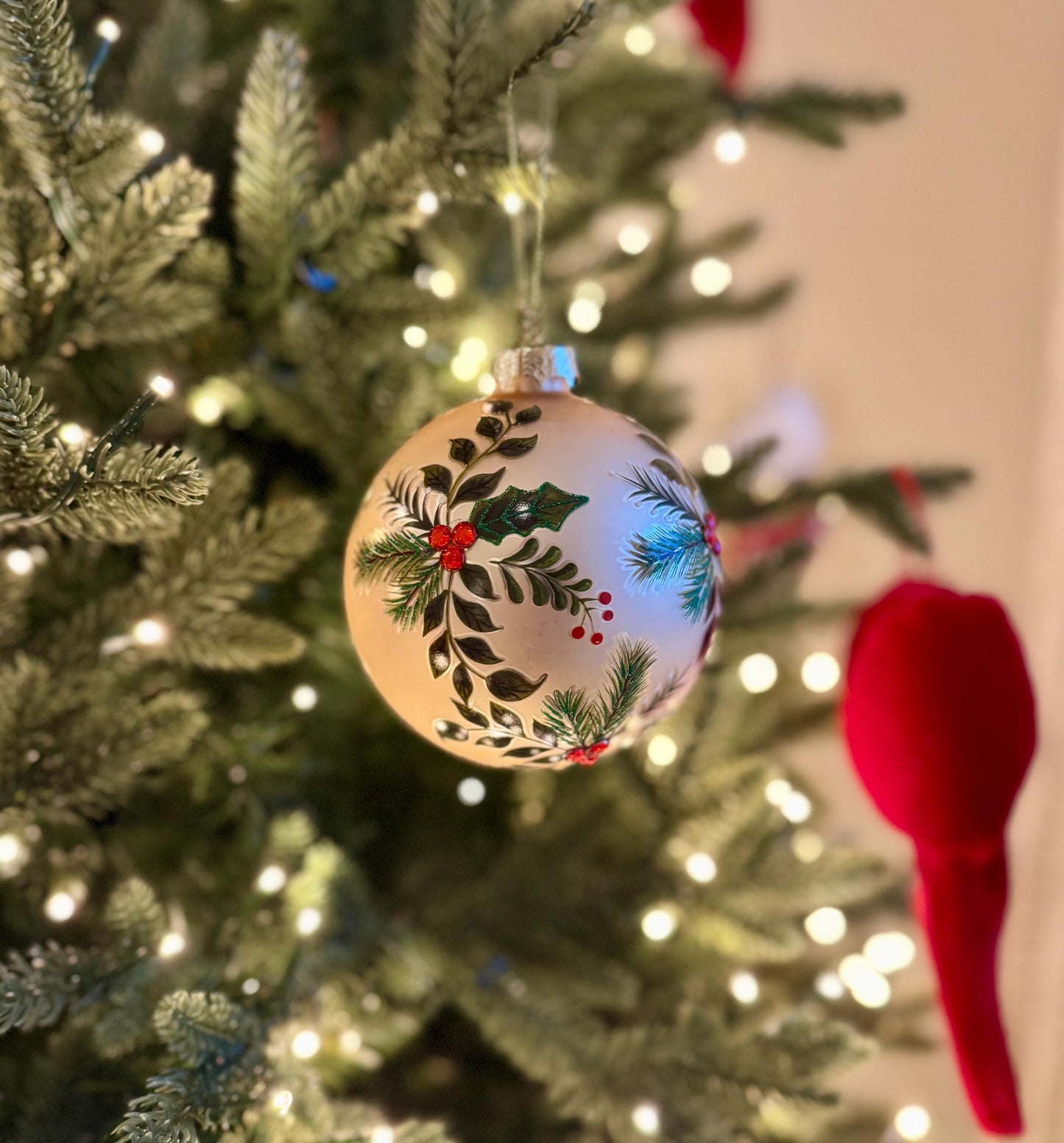 Large Holly & Pine Gold Glass Bauble