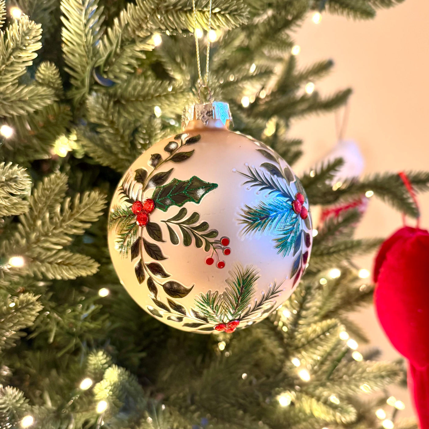Large Holly & Pine Gold Glass Bauble