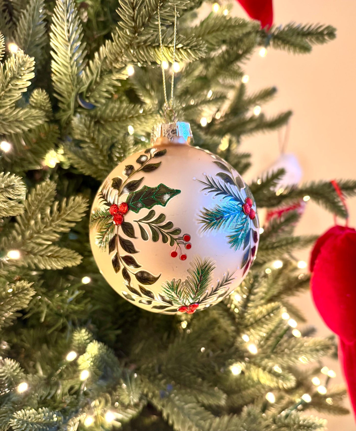 Large Holly & Pine Gold Glass Bauble