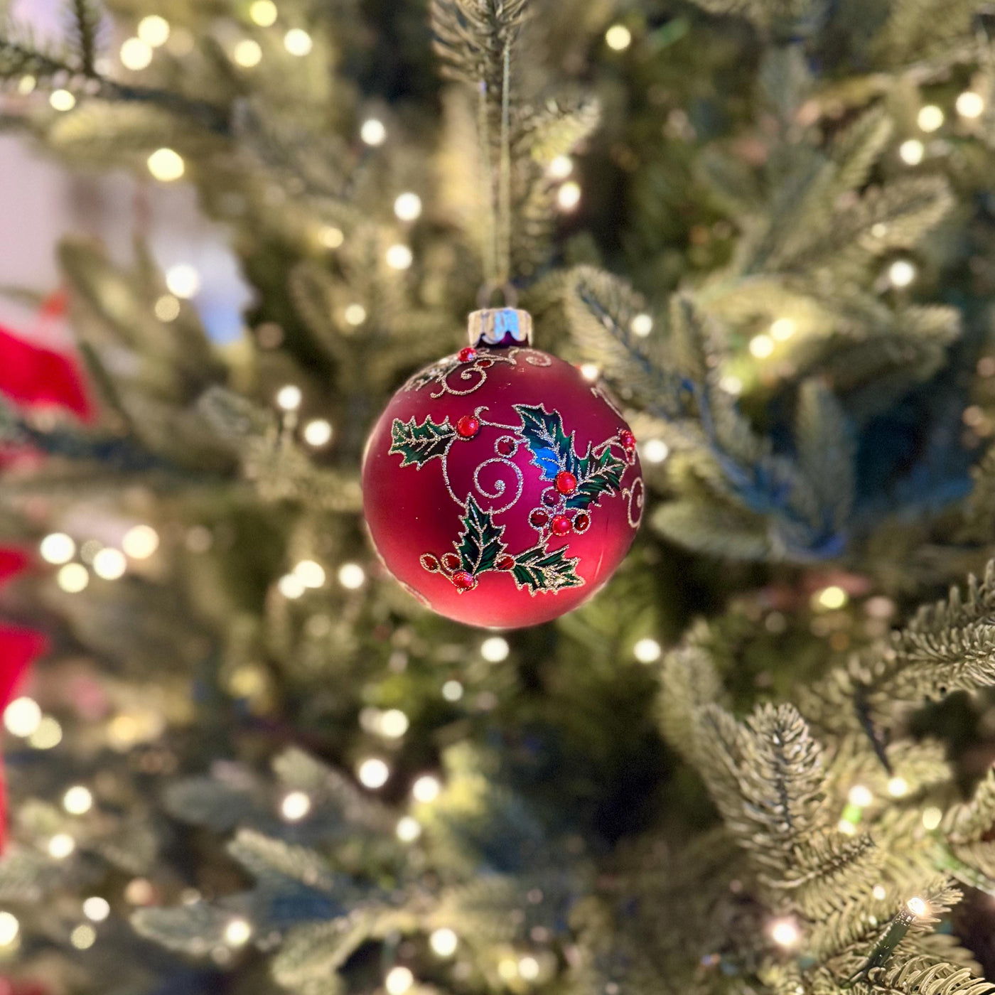 Red Holly & Berry Glass Christmas Bauble
