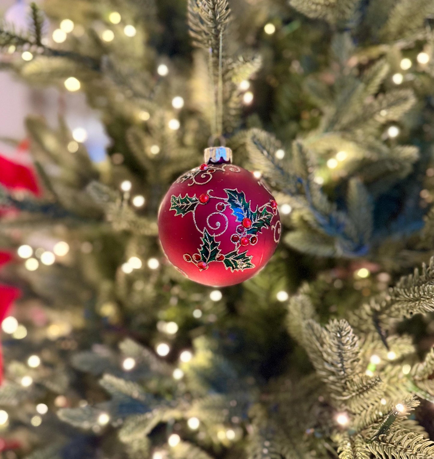 Red Holly & Berry Glass Christmas Bauble