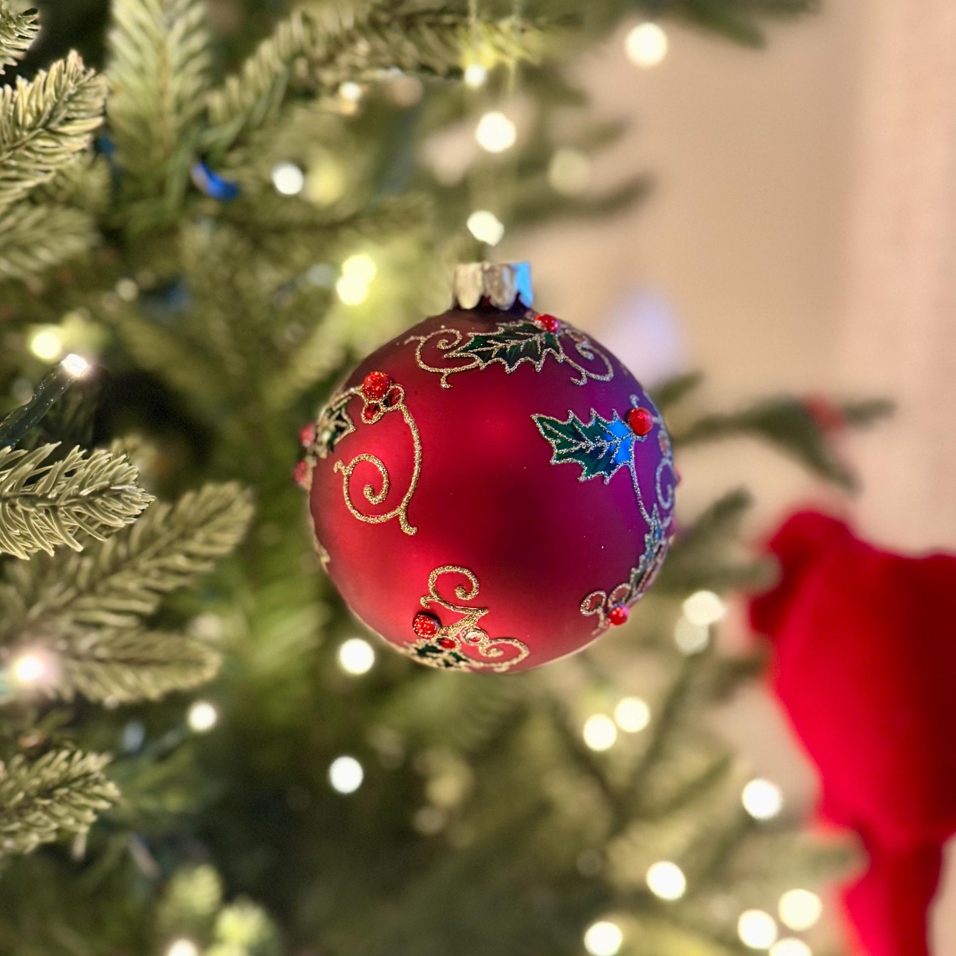 Red Holly & Berry Glass Christmas Bauble