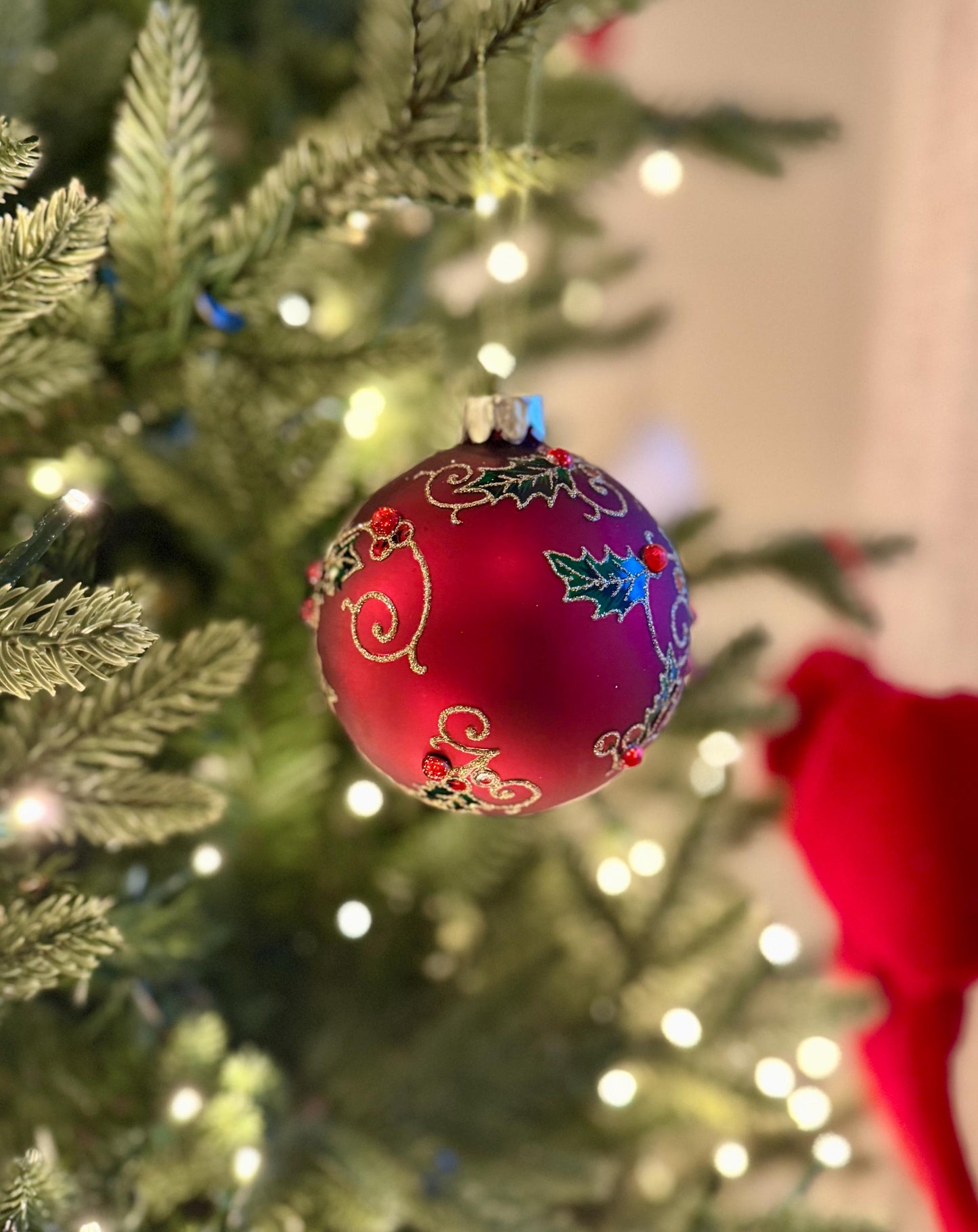 Red Holly & Berry Glass Christmas Bauble