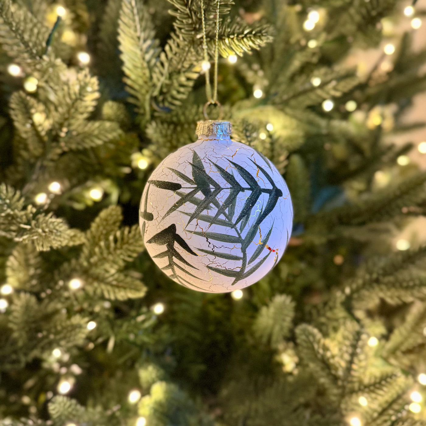 White Crackle Glass Bauble with Hand-Painted Leaf Design