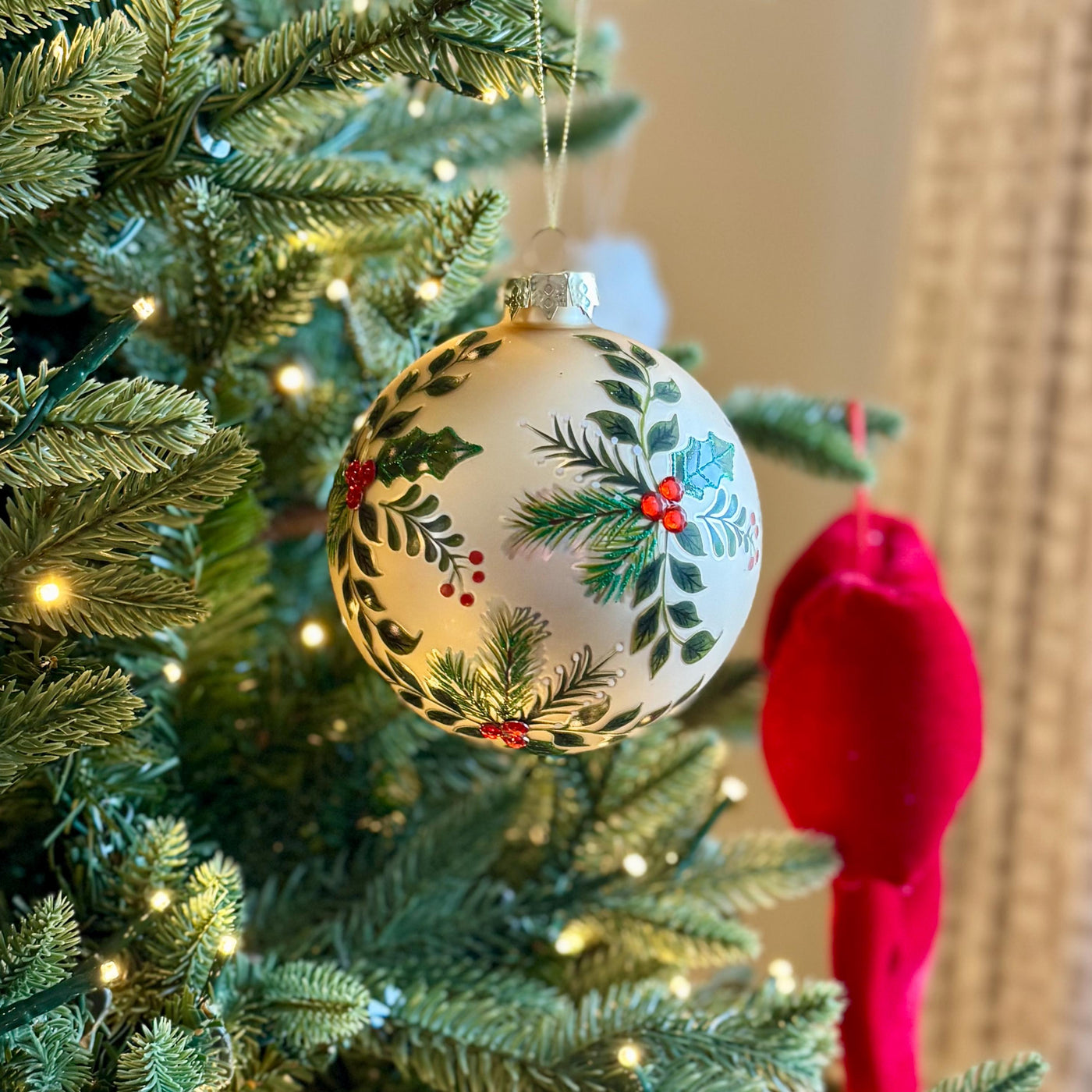 Large Holly & Pine Gold Glass Bauble