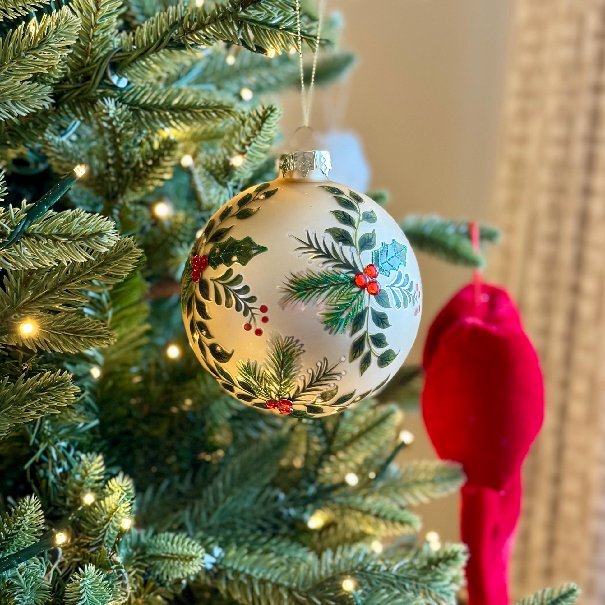 Large Holly & Pine Gold Glass Bauble